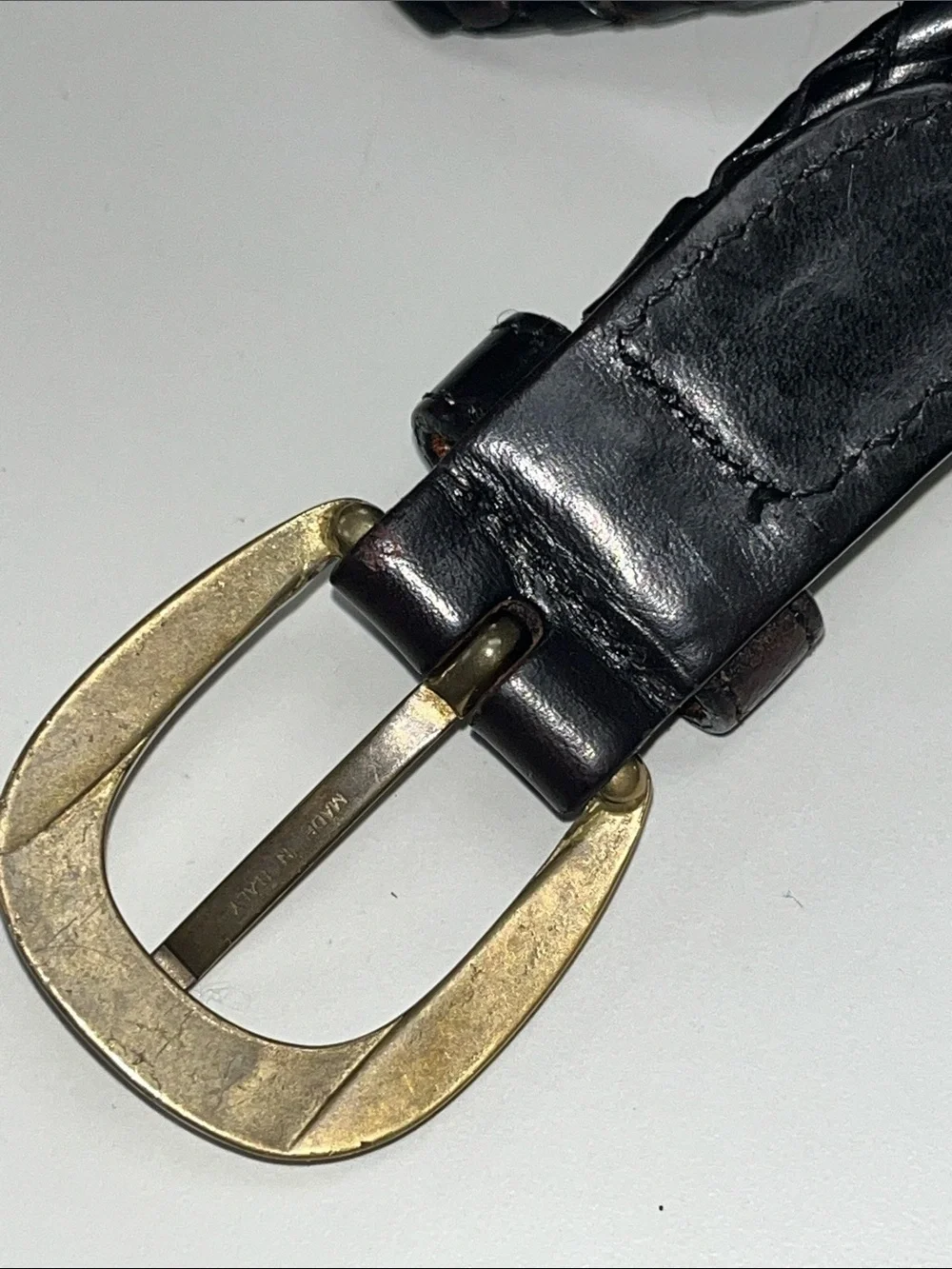 Source Unknown Black Woven Leather Belt with Brass Buckle